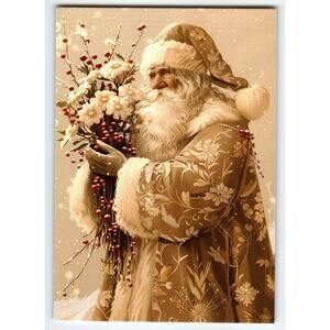 Vintage Christmas Santa Claus Holding Flowers Lithograph Postcard 5.5x4